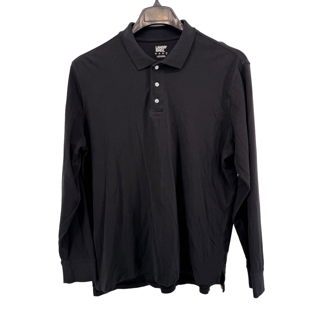 Lands End Polo Shirt Mens Large Pre-Owned‎ Black Cotton 100% Solid Ribbed Cuffs